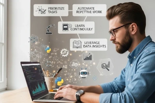An entrepreneur with a laptop learning machine learning with Python, surrounded by AI icons and data visuals, representing entrepreneur productivity tips in a simple and clear way.