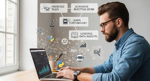 An entrepreneur with a laptop learning machine learning with Python, surrounded by AI icons and data visuals, representing entrepreneur productivity tips in a simple and clear way.