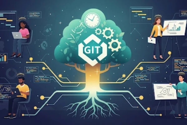 An illustration of a diverse team working together, connected by branching lines to a central Git repository, symbolizing version control, collaboration, and strategic time management in digital projects.