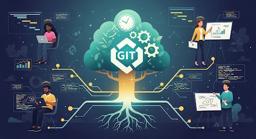 An illustration of a diverse team working together, connected by branching lines to a central Git repository, symbolizing version control, collaboration, and strategic time management in digital projects.