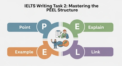 An infographic outlining the PEEL structure applied to IELTS Writing Task 2, with clear explanations of Point, Explain, Example, and Link.