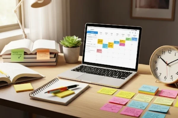 An organized student desk with a laptop, textbooks, sticky notes, and a clock, illustrating effective time management students can use to increase productivity and balance academic and personal life.