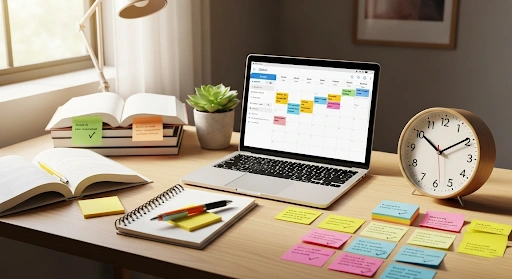 An organized student desk with a laptop, textbooks, sticky notes, and a clock, illustrating effective time management students can use to increase productivity and balance academic and personal life.