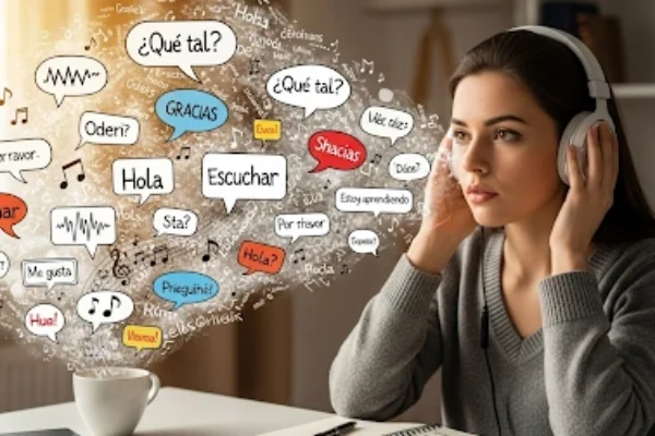 Beginner Spanish learner listening to a podcast on headphones, surrounded by Spanish words and speech bubbles, symbolizing language learning through Spanish podcasts.