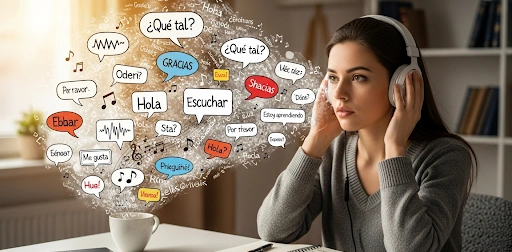 Beginner Spanish learner listening to a podcast on headphones, surrounded by Spanish words and speech bubbles, symbolizing language learning through Spanish podcasts.
