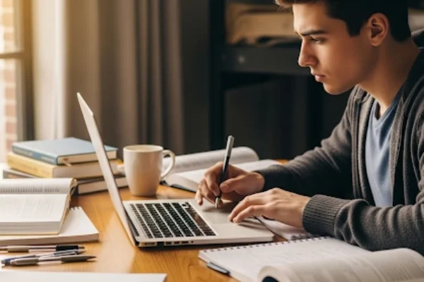 College student diligently writing an essay on a laptop at a desk with books and notes around, showcasing focus, critical thinking, and mastery in college essay writing.