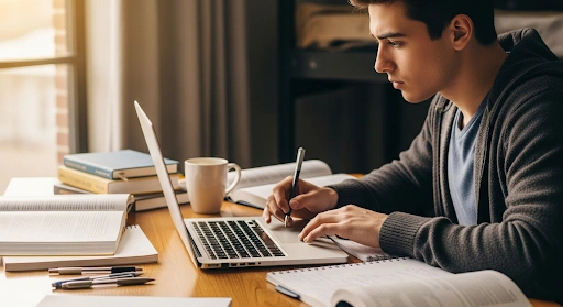 College student diligently writing an essay on a laptop at a desk with books and notes around, showcasing focus, critical thinking, and mastery in college essay writing.