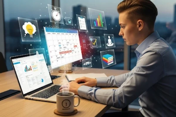 Entrepreneur at desk with laptop and coffee, surrounded by calendar and productivity icons, symbolizing time management hacks entrepreneurs use.