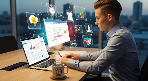 Entrepreneur at desk with laptop and coffee, surrounded by calendar and productivity icons, symbolizing time management hacks entrepreneurs use.