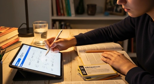 High school student Sarah working on algebra exercises on a tablet, integrating SAT vocabulary flashcards to boost comprehension.