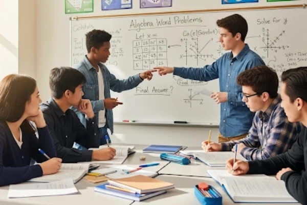 High school students collaborating and solving algebra word problems, using algebra word problem tips, charts, and equations to practice problem solving strategies and improve math skills.