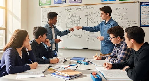 High school students collaborating and solving algebra word problems, using algebra word problem tips, charts, and equations to practice problem solving strategies and improve math skills.