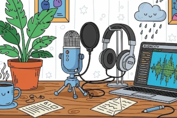Home podcast setup with USB mic, headphones, Audacity waveform, in doodle GIF animation style.