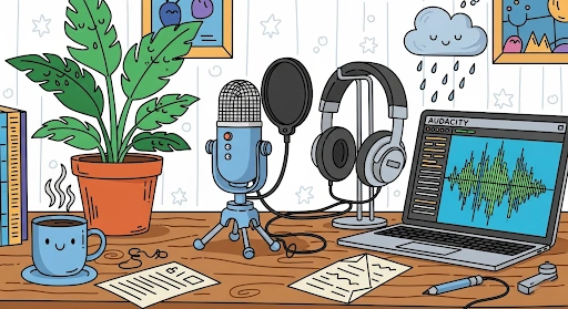 Home podcast setup with USB mic, headphones, Audacity waveform, in doodle GIF animation style.