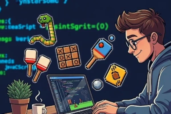 Illustration of a beginner programmer coding JavaScript game projects on a laptop, surrounded by pixel art game icons like Snake, Pong, and Tic Tac Toe, with colorful code snippets in the background
