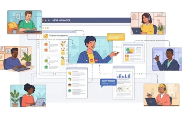 Illustration of a new manager demonstrating remote leadership skills, guiding a diverse team through video calls and digital collaboration tools to boost productivity and engagement.