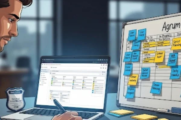 Illustration of a professional studying Agile Scrum, with a laptop, Scrum board, sticky notes, and a certification badge, representing Agile Scrum certification tips for beginners.