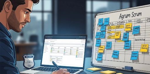 Illustration of a professional studying Agile Scrum, with a laptop, Scrum board, sticky notes, and a certification badge, representing Agile Scrum certification tips for beginners.