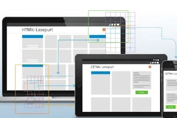 Illustration of laptop, tablet, and smartphone showing the same website with a responsive HTML CSS layout, highlighting adaptive grids and flexible design.