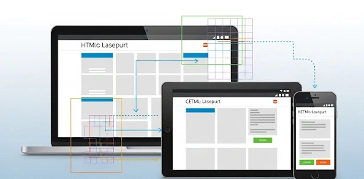 Illustration of laptop, tablet, and smartphone showing the same website with a responsive HTML CSS layout, highlighting adaptive grids and flexible design.