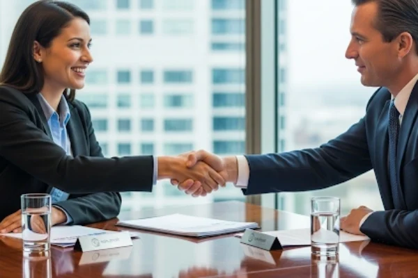 Non profit professional and sponsor shaking hands at a negotiation table.