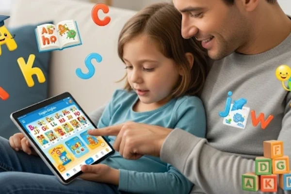 Parent and child using a tablet with English learning apps kids, surrounded by playful educational icons like letters and books.