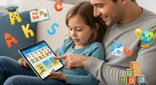 Parent and child using a tablet with English learning apps kids, surrounded by playful educational icons like letters and books.