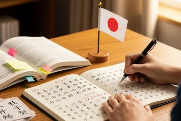 Person practicing Japanese kanji writing in a squared notebook, following stroke order diagrams, with Japanese study tools and a small Japanese flag in a warm study space.