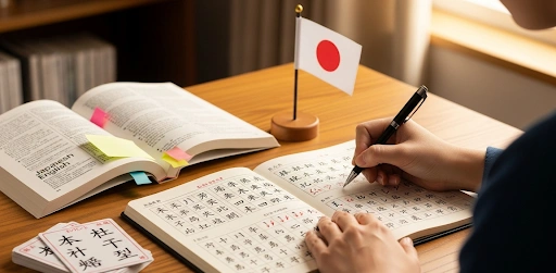 Person practicing Japanese kanji writing in a squared notebook, following stroke order diagrams, with Japanese study tools and a small Japanese flag in a warm study space.