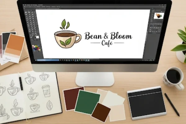 Small business logo in Adobe Illustrator with sketches and color swatches on desk.