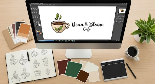 Small business logo in Adobe Illustrator with sketches and color swatches on desk.