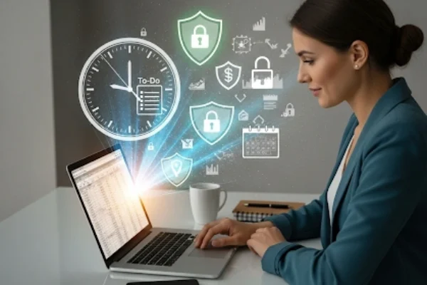 Small business owner working on a laptop with digital security shields and lock icons in the background, representing cybersecurity basics for SMBs and time management for entrepreneurs.
