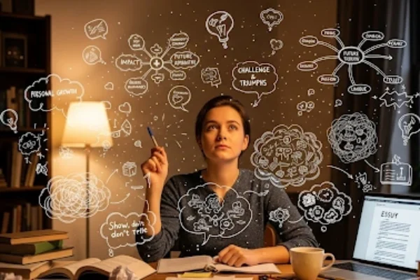 Student brainstorming for a college admission essay, surrounded by floating idea bubbles, mind maps, and notes, symbolizing creativity and inspiration in a warm, cozy study space.