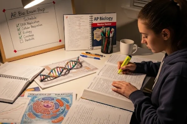 Student studying AP Biology with DNA, cell diagrams, and graphs, highlighting practice questions and exam prep.