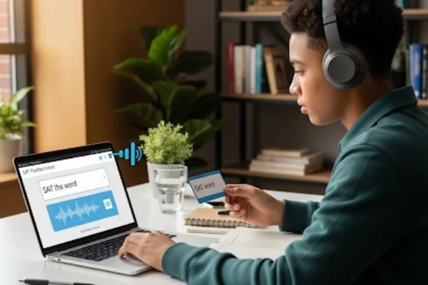 Student using SAT vocabulary flashcards with audio on a laptop, actively learning high frequency SAT words with headphones, bright and modern educational setting.