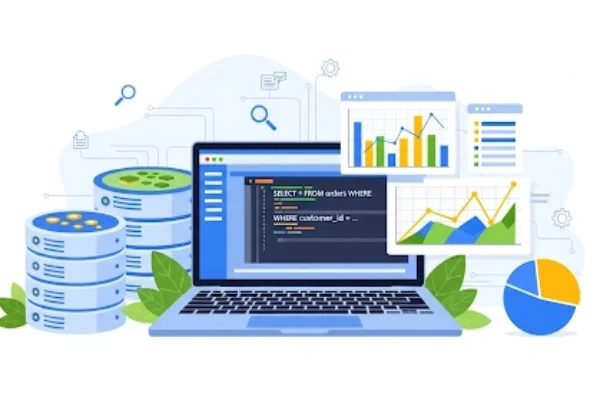 Thumbnail illustration showing SQL query practice with a laptop screen, database tables, and data charts representing hands on learning for data analysis.