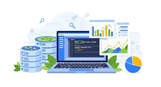 Thumbnail illustration showing SQL query practice with a laptop screen, database tables, and data charts representing hands on learning for data analysis.