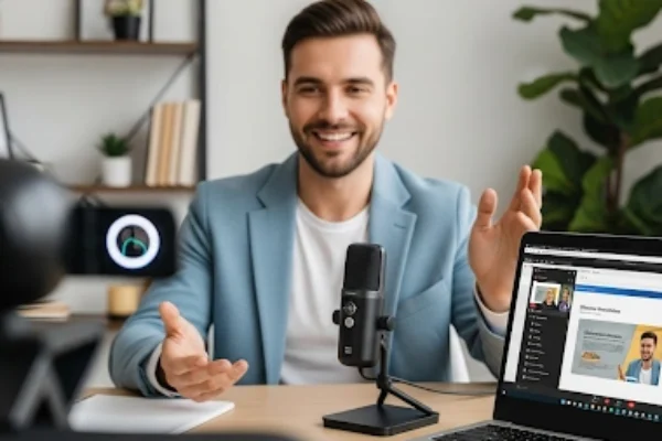Thumbnail of a speaker on webcam setup with laptop and mic to improve virtual presentation skills and apply public speaking tips for remote work presentations.