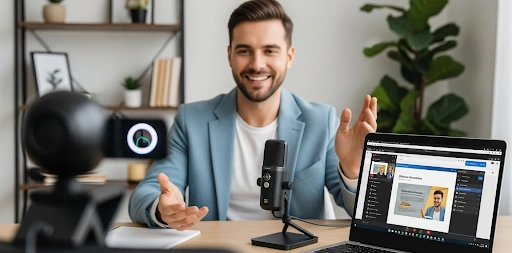 Thumbnail of a speaker on webcam setup with laptop and mic to improve virtual presentation skills and apply public speaking tips for remote work presentations.