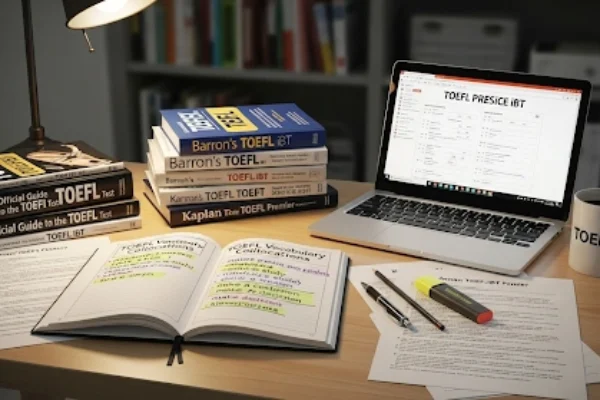 Thumbnail of a study desk with notes on TOEFL vocabulary collocations and exam materials.