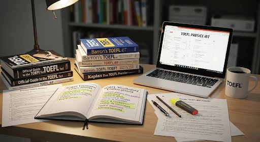 Thumbnail of a study desk with notes on TOEFL vocabulary collocations and exam materials.