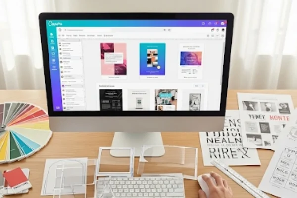 Thumbnail showing a computer screen with Canva open, surrounded by color swatches, typography samples, and layout grids, representing graphic design basics for non designers.