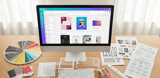 Thumbnail showing a computer screen with Canva open, surrounded by color swatches, typography samples, and layout grids, representing graphic design basics for non designers.