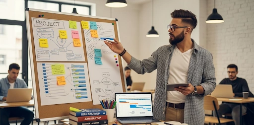 Thumbnail showing a founder with a project board and tools, representing project management basics startup founders need.