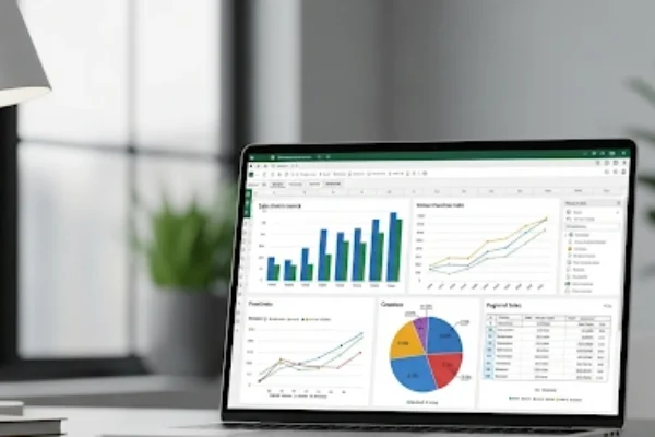 Thumbnail showing a modern laptop displaying Excel charts, pivot tables, and data visualizations, representing data analysis projects in Excel for job applications, with a clean business themed background.