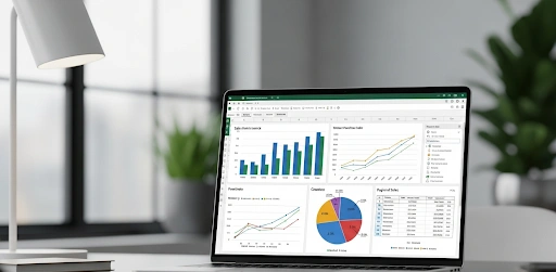 Thumbnail showing a modern laptop displaying Excel charts, pivot tables, and data visualizations, representing data analysis projects in Excel for job applications, with a clean business themed background.