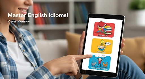 Thumbnail showing a person using a tablet with cartoon idioms like 'hit the books,' illustrating how to master English idioms visual memory.