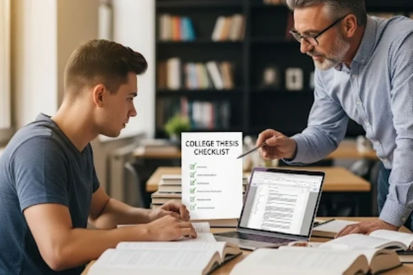 Undergraduate student working on a thesis with books, laptop, and a college thesis checklist, guided by a faculty advisor.