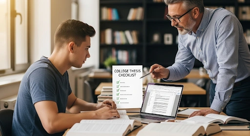 Undergraduate student working on a thesis with books, laptop, and a college thesis checklist, guided by a faculty advisor.