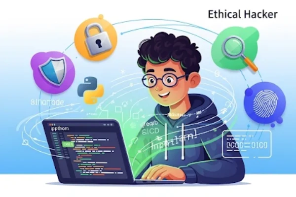 ethical hacking for beginners, illustration of an ethical hacker with a laptop, digital code, and cybersecurity symbols.